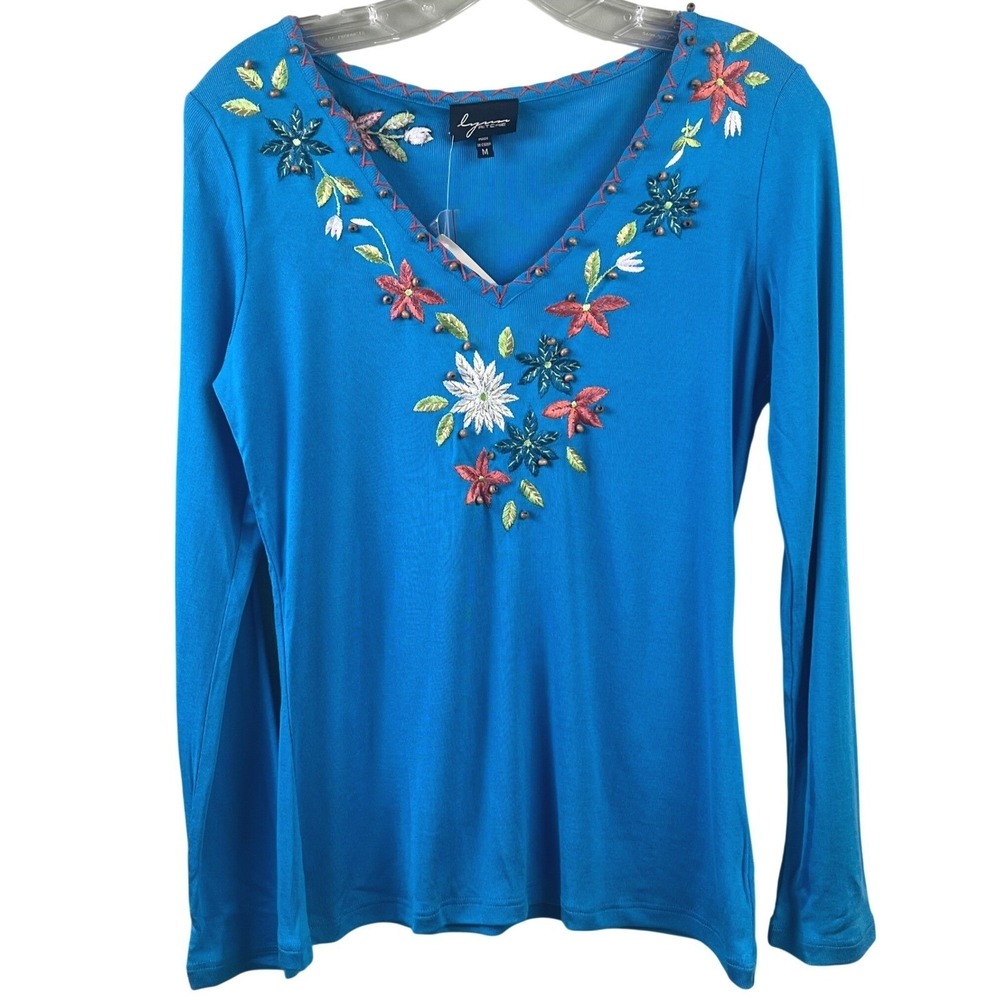 Lynn Ritchie Blue Embroidered Floral Beaded V Neck Long Sleeve Shirt Medium NWT